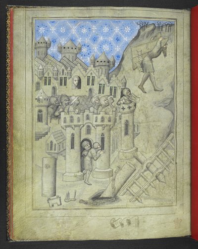 Samson carrying the gates of Gaza, watched from the city walls by armoured soldiers and, at a window, Delilah, from the 