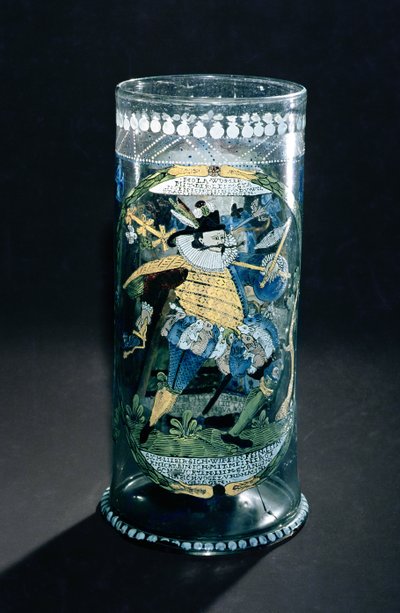 Humpen (tall beaker) with enamelled decoration of a Hunter and a Woman, c.1594 by Bohemian School