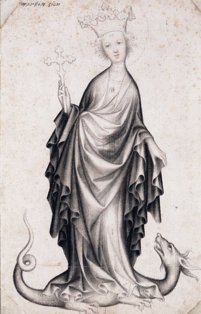 Saint Margaret of Antioch (she holds a crucifix and tramples a dragon) by Bohemian School