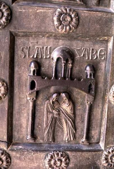 Panel depicting the Visitation on the Porta di S. Ranieri by Bonannus of Pisa