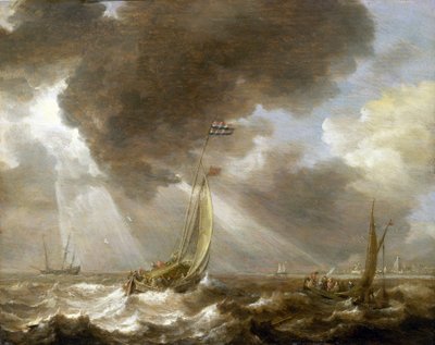 Two Dutch fishing boats in the breeze, loaded with passengers that they transport to the city visible on the horizon, the boats bear the flag of the Amsterdam Admiralty by Bonaventura Peeters
