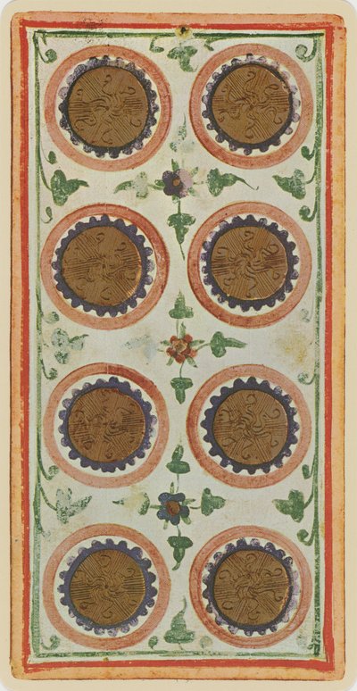 The Eight of Coins, facsimile of a tarot card from the 
