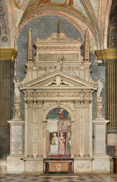 North Transept, Altar of St. Michael the Archangel, Behind the Altarpiece the Frescoes of Boniface Bembo, Virgin and Child Saint Aquilina and Saint Catherine of Alexandria, Above symbol of Humility by Bonifacio Bembo