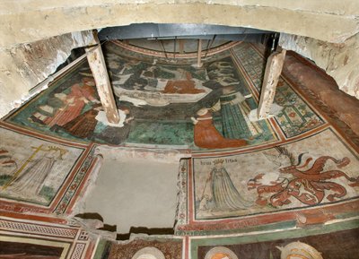 North Transept, Altar of St. Michael the Archangel, Behind the Altarpiece the Frescoes of Bonifacio Bembo, Virtue Faith and Humility, Coronation of the Virgin and Christ surrounded by Angels by Bonifacio Bembo