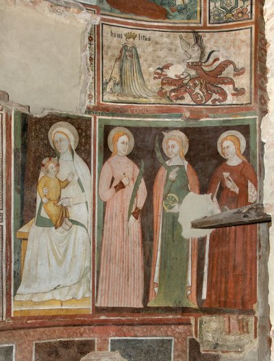 North Transept, Altar of St. Michael the Archangel, Behind the Altarpiece the Frescoes of Boniface Bembo, Virgin and Child Saint Aquilina and Saint Catherine of Alexandria, Above symbol of Umilitas by Bonifacio Bembo