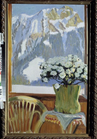 Flowers at the Balcony with a View of the Mountains by Boris Mikhailovich Kustodiev