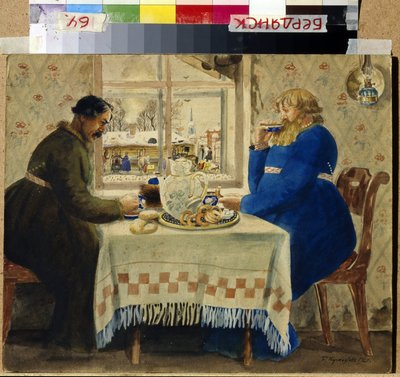 The Coachmen. Two men eating cakes and buns while drinking tea. By the window, carriages and sleds are lined up in the yard. Work by Boris Michaylovich Kustodiev (1878-1927) by Boris Mikhailovich Kustodiev
