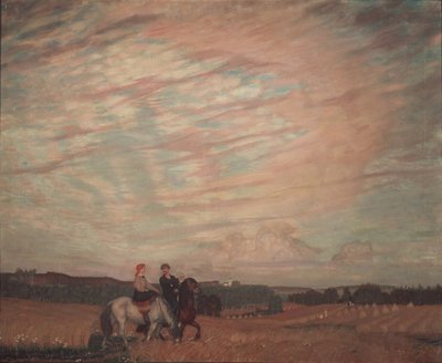 Self-portrait with the wife on horseback by Boris Mikhailovich Kustodiev