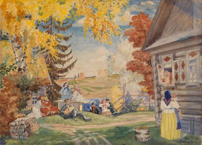 Stage Design for the Theatre Play Peasant Women by Alexander Neverov by Boris Mikhailovich Kustodiev