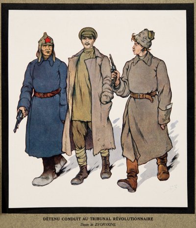 Detainee being taken to a Revolutionary Tribunal; from Histoire des Soviets, pub. 1922 by Boris Vasilievich Zvorykin