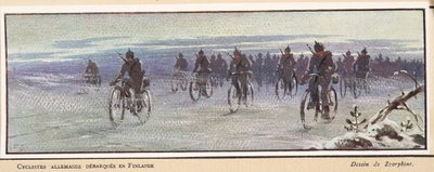 German Cyclists Arriving in Finland, from Histoire des Soviets, pub. 1922 by Boris Vasilievich Zvorykin