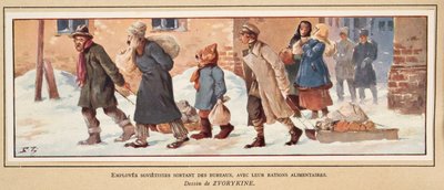 Soviet Workers leaving the office with their food rations, from Histoire des Soviets, pub. 1922 by Boris Vasilievich Zvorykin