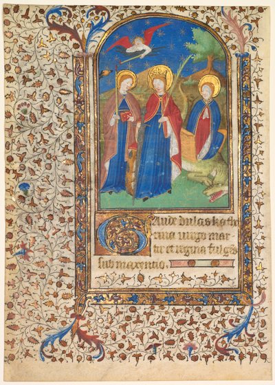 Leaf from a Book of Hours: Sts. Geneviève, Catherine of Alexandria, and Margaret (recto) by Boucicaut Master