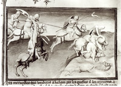 The Mongol leader, Hulagu, khan of the Ilkhanate chases his cousin, Berke, khan of the Kipchak or Golden Horde in 1262, forcing him into a river, from Livre des Merveilles du Monde by Boucicaut Master