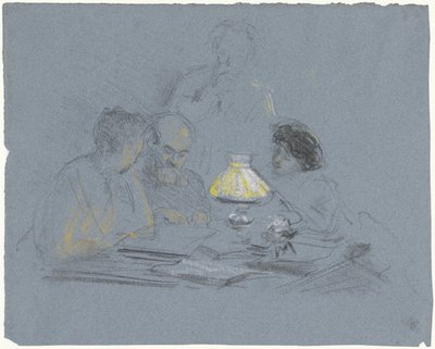 A. Grandmont and Three Figures, Reading by Lamplight by Bramine Hubrecht