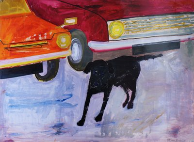 Dog at the Used Car Lot, Rex with Red Car by Brenda Brin Booker