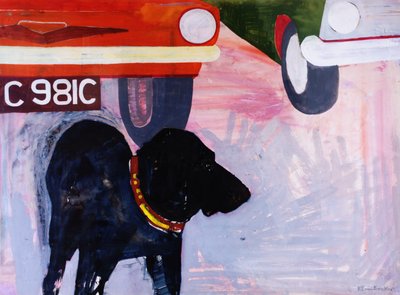 Dog at the Used Car Lot, Rex with orange car by Brenda Brin Booker
