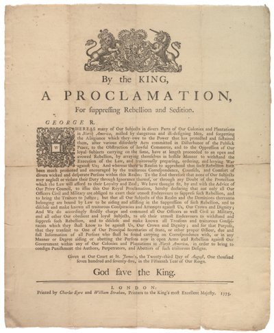 A Proclamation, for Suppressing Rebellion, 23rd August 1775 by British School