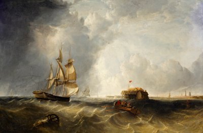 A sailing ship and a rowing boat off Calais by British School