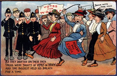 Demonstration of English suffragettes - cartoon postcard by British School