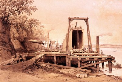 Industrial Revolution: Installation of a Prefabricated Bridge. Engraving from 
