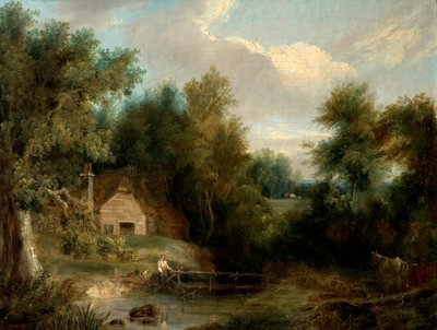 Landscape, Cottage and a Stream with a Figure and a House by British School