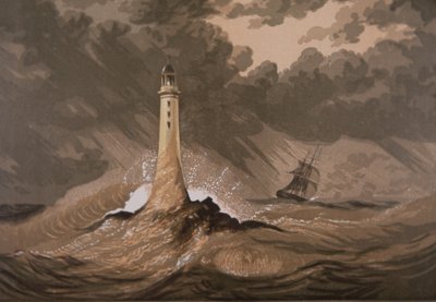 Lighthouse warns ships of rocks in storm at sea by British School