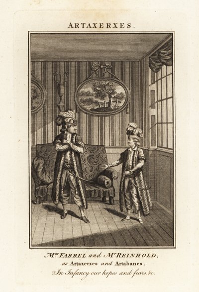 Margaret Farrel and Charles Frederick Reinhold in Persian costume as Artaxerxes and Artabanes in Thomas Arne