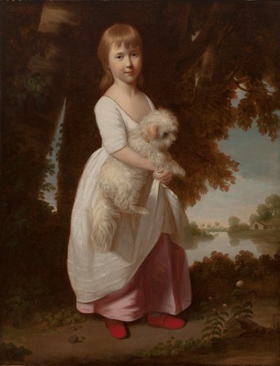 Portrait of a Girl Holding a Maltese Spaniel by British School