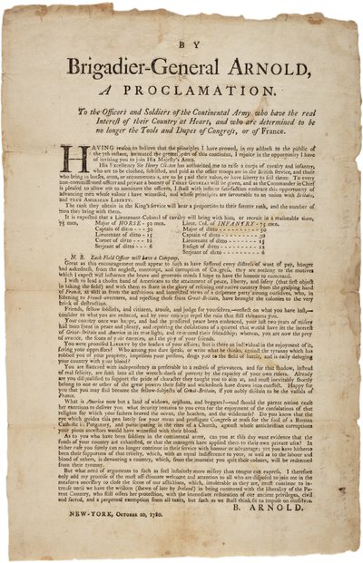 Proclamation to officers and soldiers of the Continental Army, 20th October 1780 by British School