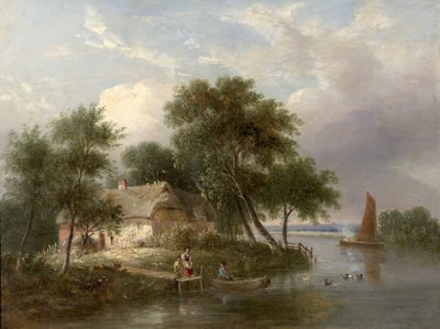 River Scene (Cottage and Trees) by British School