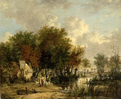 River Scene, Boy Driving Sheep by British School