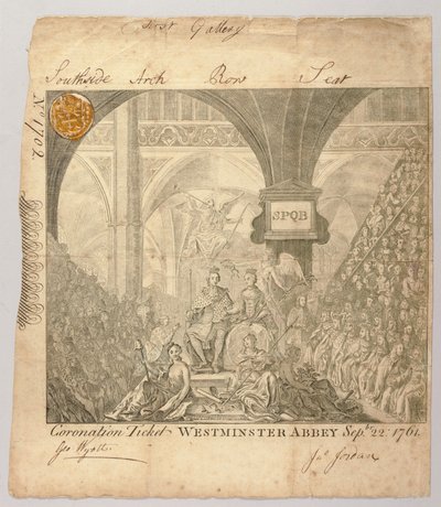 Ticket for the Coronation Ceremony of George III in Westminster Abbey, engraved by George Bickham, 22 September 1761 by British School