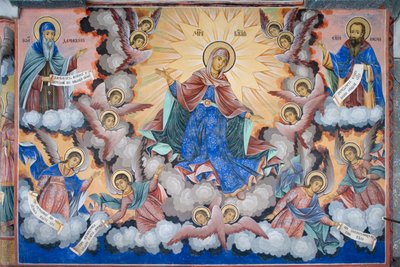 Bulgaria, Rila Monastery, fresco of Glory of Virgin at church of Nativity of Virgin by Bulgarian School