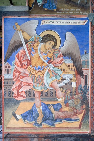 Fresco of St Michael Archangel at church of Nativity of Virgin, Rila Monastery, Bulgaria by Bulgarian School