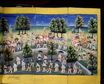 Merit Making Scene, Page from a Manuscript by Burmese School