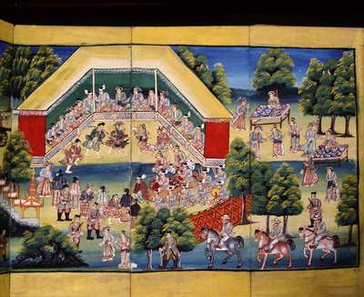 Merit Making Scene, Page from a Manuscript by Burmese School