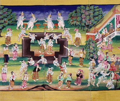 Merit Making Scene, Page from a Manuscript by Burmese School