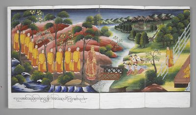 Monks Crossing a River, Scenes from the Life of Buddha by Burmese School
