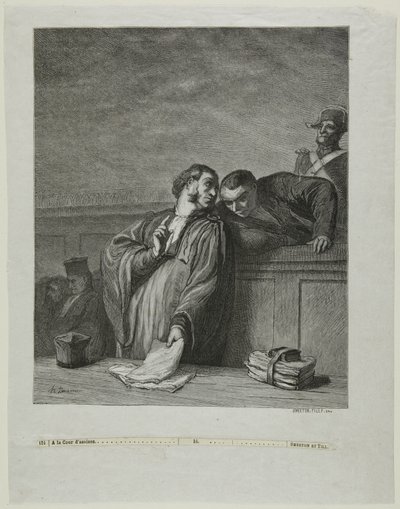 At the Court of Assizes: The Lawyer, Standing, Conversing with the Accused by Burn Smeeton