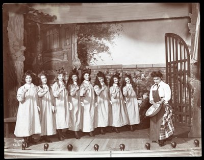 A scene from an amateur production of a play titled Angelina, The Orphaned Heiress presented at Barnard College, New York by Byron Company