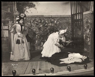 A scene from an amateur production of a play titled Angelina, The Orphaned Heiress presented at Barnard College, New York by Byron Company