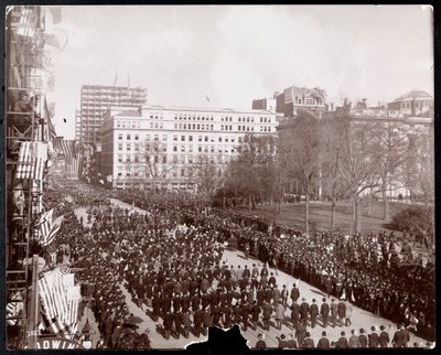 Aerial view of men marching in the Republican Gold Standard Parade on Broadway at City Hall Park, New York by Byron Company