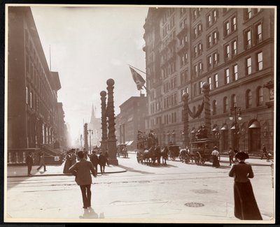 Decorations for the Dewey Parade in front of the Waldorf Astoria Hotel at 33rd Street and 5th Avenue, New York, 1899 by Byron Company