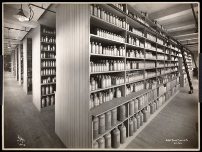 Interior view of a chemical storage room at Parke, Davis and Co., chemists, Hudson and Vestry Streets, New York, 1910 by Byron Company