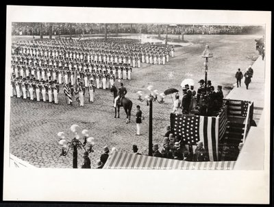 View of Princess Eulalia of Spain reviewing the 7th Regiment marching in the Columbus Celebration Parade at the Savoy Hotel, New York, 1899 by Byron Company