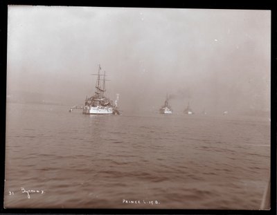 View of a caravan of U.S. warships in the Hudson River in the fog during Prince Louis of Battenberg