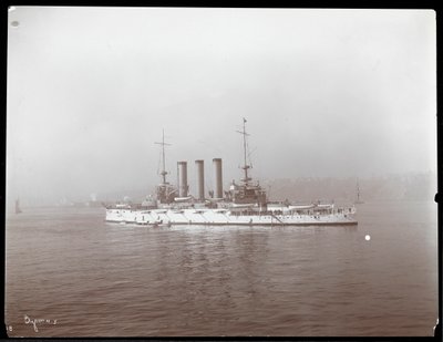 View of a military ship, presumably on the Hudson River near West Point upon the visit of Prince Louis of Battenberg by Byron Company