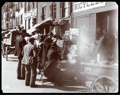View of Street Vendors, Including One Showing Photographic Views of Exotic Places in a Viewbox, on Bayard Street, New York, 1898 by Byron Company