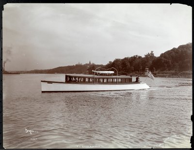 View of the Yacht Delicia of the New York Yacht, Launch and Engine Co. on the Hudson River near Morris Heights, New York, 1903 by Byron Company